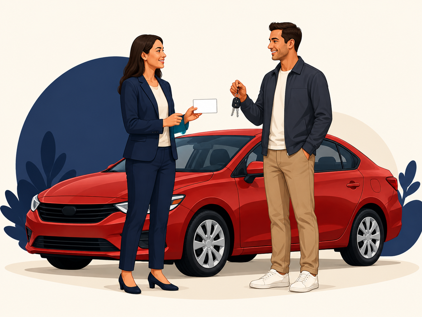 Insurance advisor helping a driver beside a red car