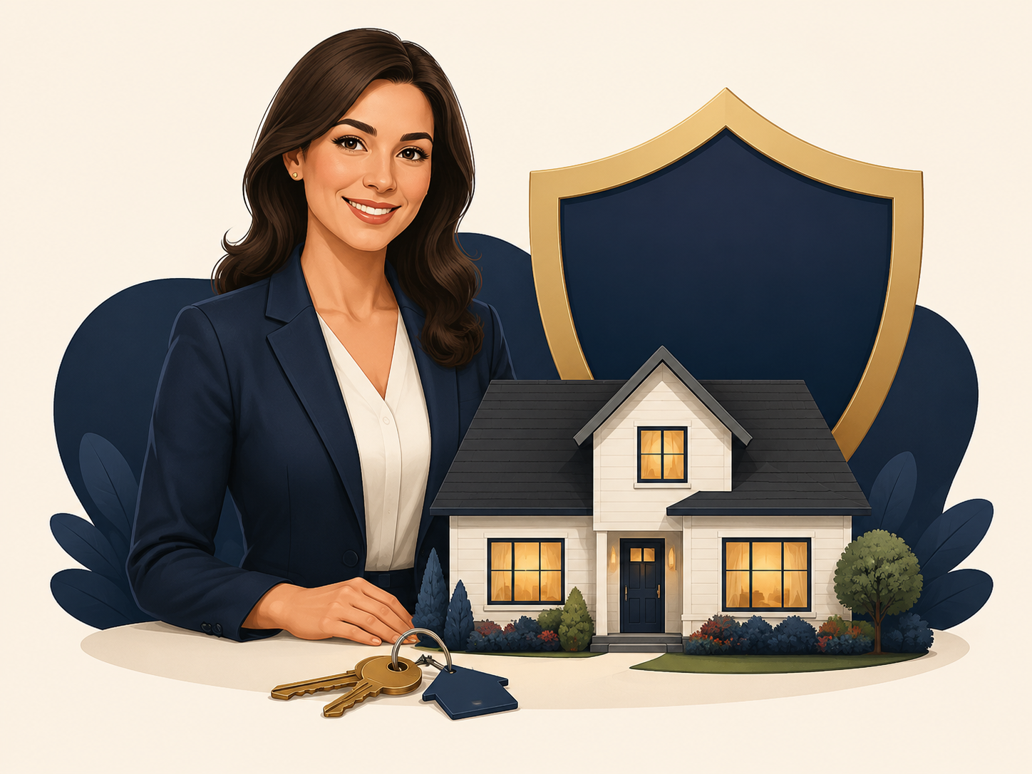 Insurance advisor with a home model, keys, and protection shield