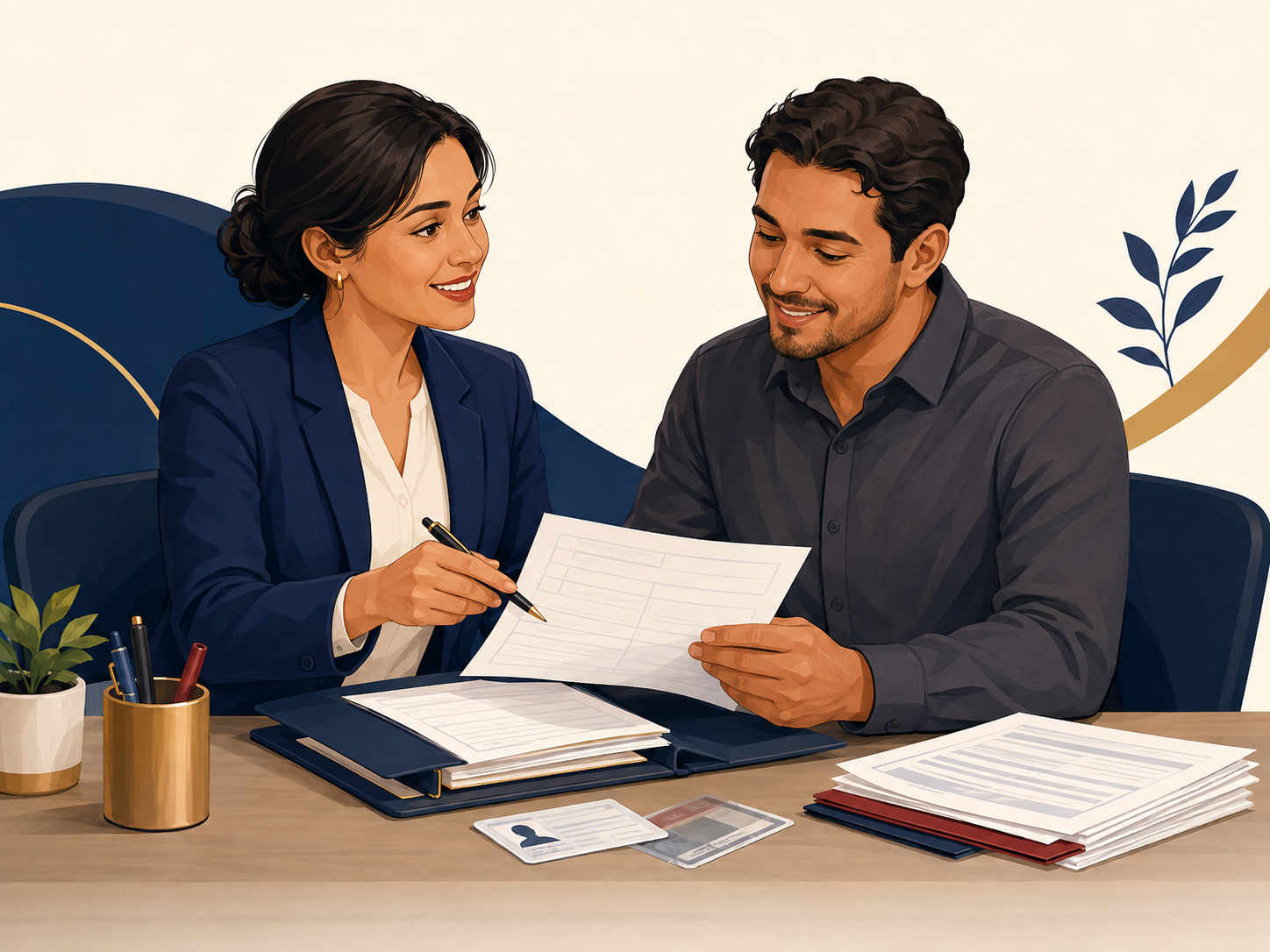 Advisor helping a client organize forms and identification documents