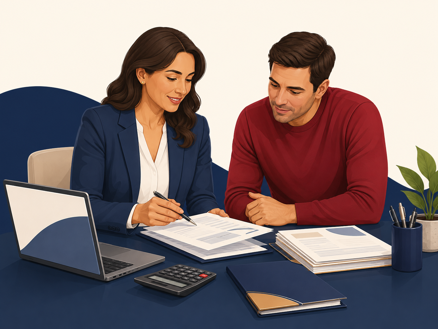 Tax preparer reviewing documents with a client